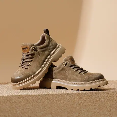 红蜻蜓英伦工装鞋男士冬季新款真皮低帮厚底卡其色系带厚底休闲鞋商品大图