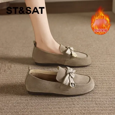 星期六加绒乐福鞋女款冬季新款加棉蝴蝶结勃肯鞋女孕妇一脚蹬单鞋商品大图