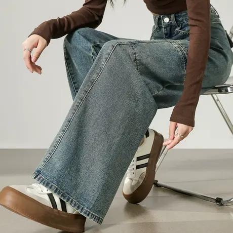 唐狮秋冬新款牛仔裤女宽松分割线工装口袋阔腿时尚潮流裤子女TU商品大图