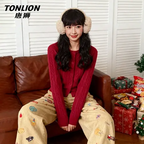 唐狮官方绞花针织衫女2026新款春秋款女士红色本命年马年毛衣女VB图片