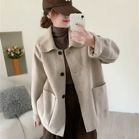 宽松休闲毛呢外套女2023年新款秋季百搭气质双面呢小个子呢子大衣商品大图