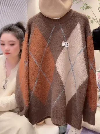 慵懒风加厚美拉德高级感菱格毛衣秋冬新款时尚平色菱格针织衫上衣图片