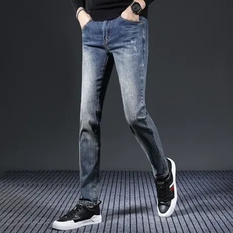 复古蓝色牛仔裤男款2023新款修身小脚弹力休闲男士牛仔长裤秋冬款商品大图