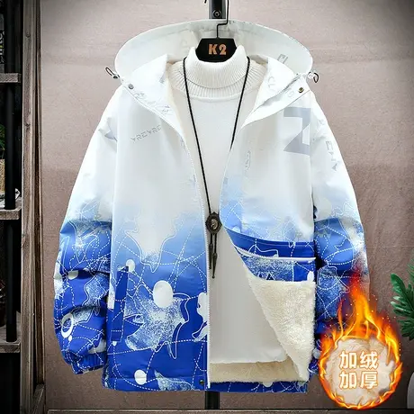 渐变连帽外套男士秋冬季加绒加厚夹克男国潮印花青少年工装派克服商品大图