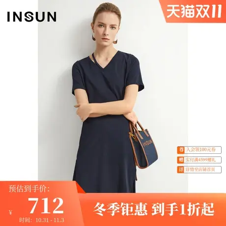 恩裳商场同款夏季时尚舒适宽松纯棉拼接百褶长裙v领连衣裙女图片