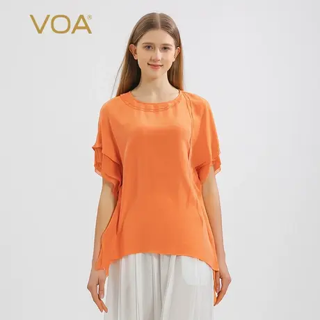 VOA30姆米重磅桑蚕丝冰沙橙圆领短袖对丝工艺不对称设计真丝T恤女图片