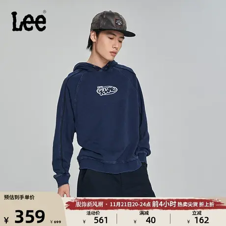 Lee舒适版深蓝色插肩袖橡筋抽绳男连帽卫衣运动风LMT0071015FH图片