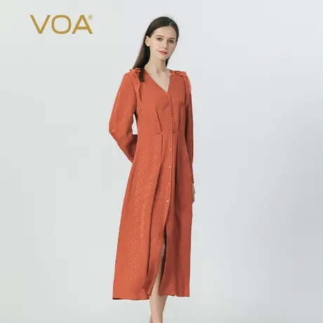 VOA锈红色22姆米暗纹提花桑蚕丝V领长袖单排扣显瘦真丝衬衫连衣裙图片