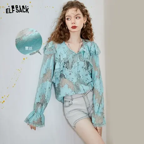 妖精的口袋荷叶领宽松雪纺衫女2023夏季新款设计感小众蕾丝上衣潮图片