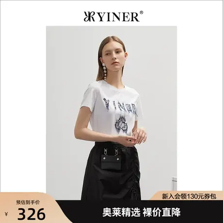 YINER音儿专柜女装2022春季新款艺术字母图案LOGO半袖T恤图片