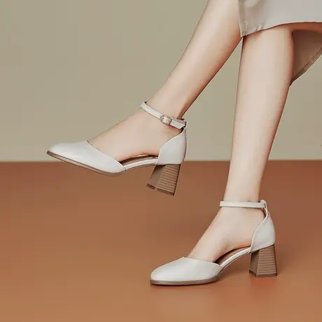 夏季新款真皮法式包头凉鞋女舒适柔软头层牛皮粗高跟百搭时尚女鞋商品大图