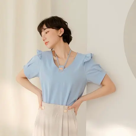 桔熊夏季气质温柔凉爽V领吊脖绑带雪纺衫短袖上衣女装大码AB17256图片