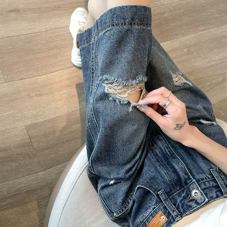 美式复古牛仔阔腿短裤女夏季薄款高腰显瘦破洞宽松小个子五分中裤商品大图