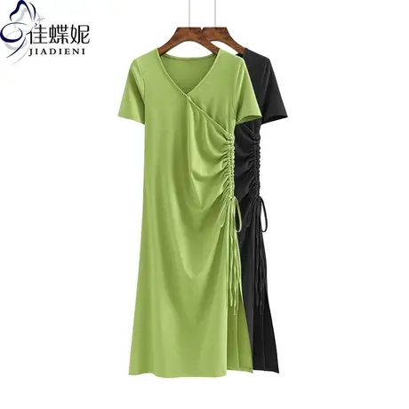 夏季牛油果绿V领修身显瘦短袖体恤抽绳连衣裙韩版女装T恤网红同款图片