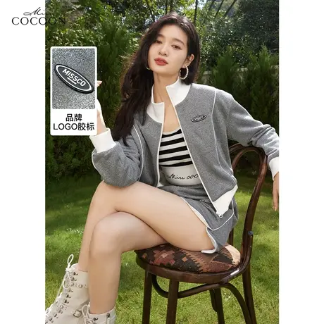 MISSCOCOON灰色卫衣女2023新款春季时尚休闲运动风立领金丝短外套商品大图