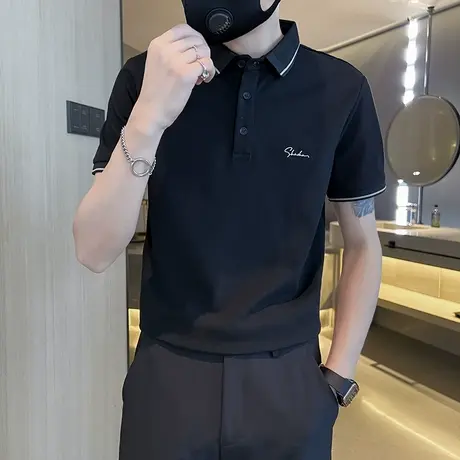 男士翻领POLO衫英伦风T恤韩版修身半截袖2023新款夏季刺绣ins短袖商品大图