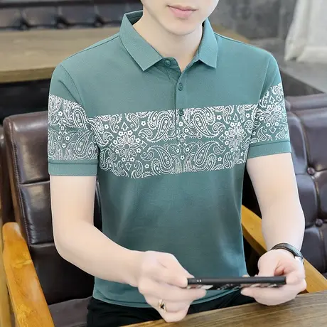 纯棉珠地网眼Polo衫男士夏季新款短袖t恤半袖打底衫潮流印花体恤商品大图