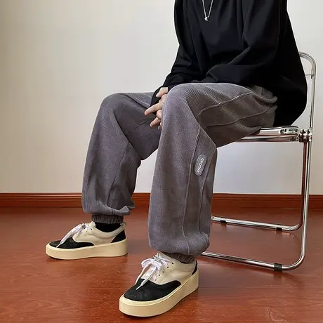 潮流宽松纯色运动休闲灯芯绒裤子男春秋ins港风工装百搭阔腿长裤商品大图