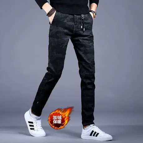 迷彩牛仔裤男款潮牌小脚裤子春秋男士修身休闲裤暗黑印花长裤加绒商品大图
