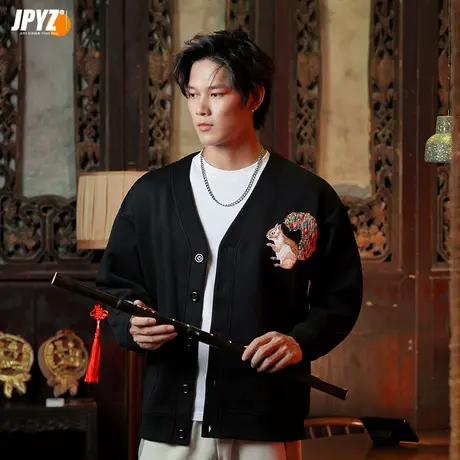 男生卫衣开衫V领外套国潮松鼠动物刺绣秋冬扣钮夹克黑色潮牌上衣商品大图