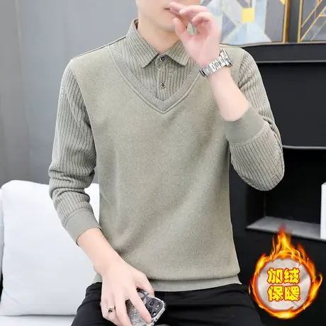 冬季加绒加厚款毛衣男士时尚衬衫领休闲假两件保暖针织打底羊毛衫商品大图
