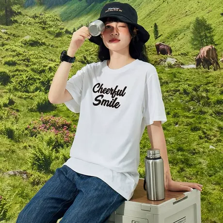 真维斯Z+夏季女款宽松纯棉圆领短袖上衣街头美式植绒字母印花T恤商品大图