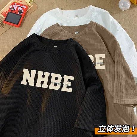 vintage美式复古华夫格短袖T恤男夏季2024新款宽松半袖潮牌体恤衫商品大图