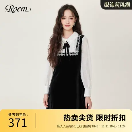 Roem秋冬 商场同款法式黑糖丝绒蕾丝拼接花边翻领百搭连衣裙图片