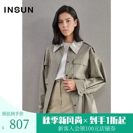 恩裳商场同款春季时尚休闲工装风抽绳收腰棉质风衣外套女图片