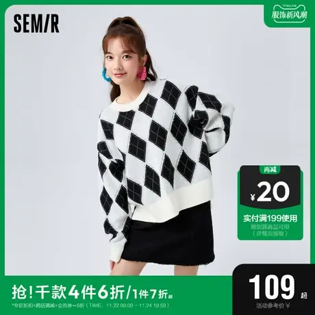 森马毛衣女菱形格开叉上衣复古时尚冬季oversize圆领毛衫慵懒潮流图片
