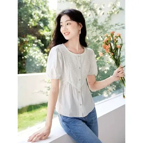 时尚气质圆领短袖衬衫2023年夏季新款淑女温柔宽松显瘦通勤上衣图片