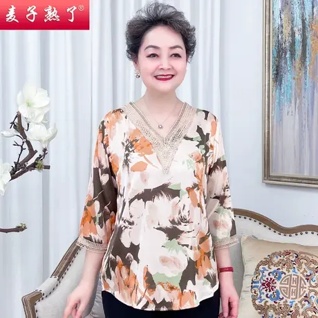 妈妈春夏装新款七分袖t恤小衫雪纺宽松中袖洋气上衣中老年人女装商品大图