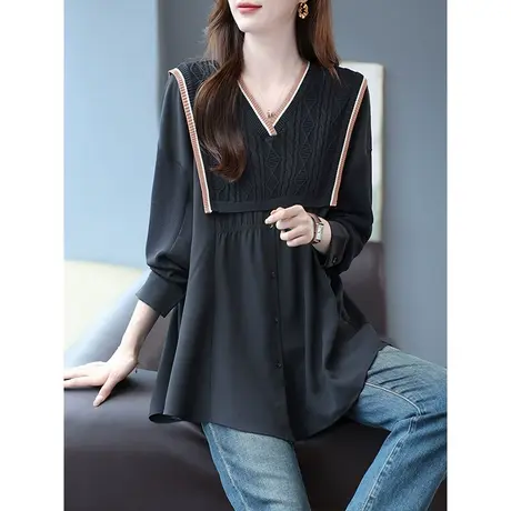 宝诗黎V领针织拼接宽松套头衬衫2024春季新款长袖设计感减龄上衣商品大图
