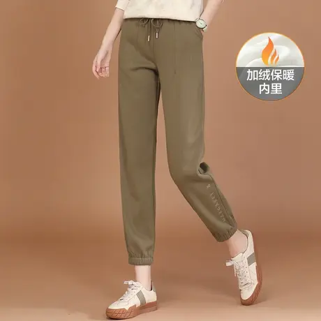 韩潮袭人松紧腰刺绣加绒束脚运动裤女2023冬新款显瘦休闲加厚卫裤图片