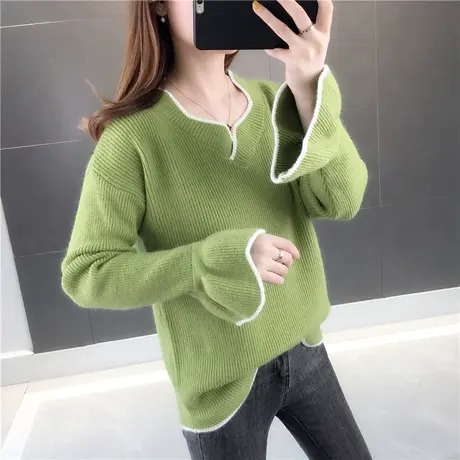 纯色荷叶袖针织打底衫2023春秋季新款韩版修身时尚毛衣上衣潮内搭图片