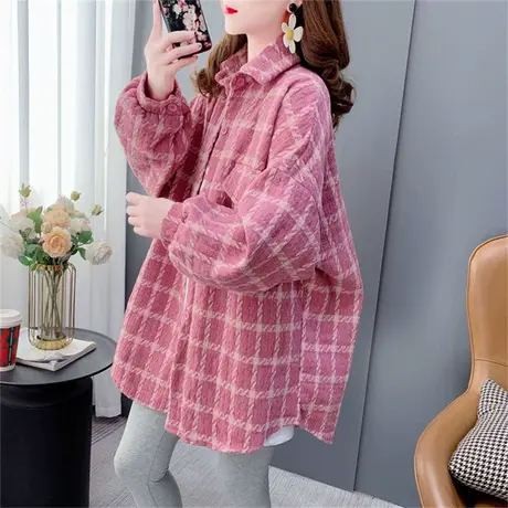 中长款磨毛格子衬衫女2023年新款春季宽松慵懒风休闲长袖上衣外套图片