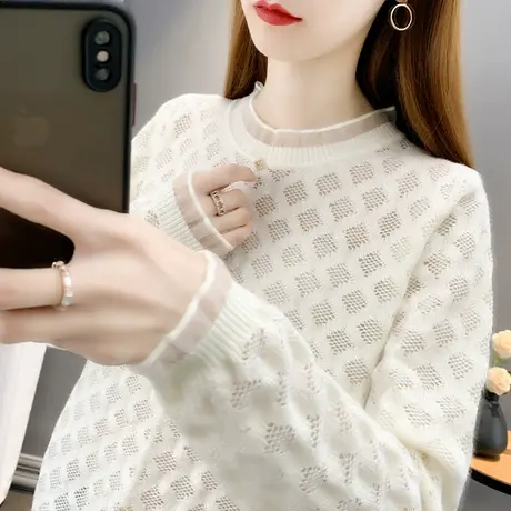 2023早春新款圆领镂空蕾丝边宽松针织衫女打底衫洋气外穿上衣套头商品大图