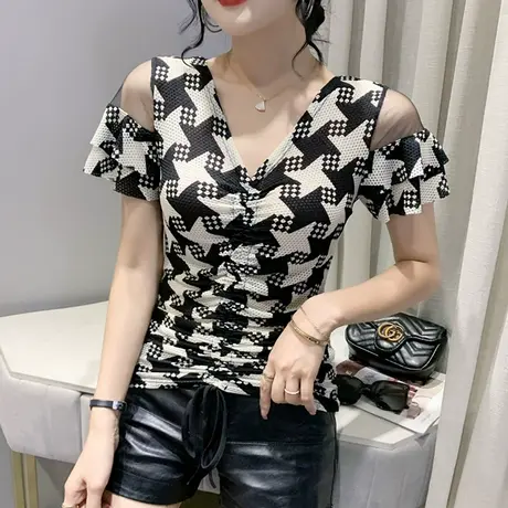 性感V领抽绳T恤女短袖时尚印花网纱上衣欧货紧身小衫设计感丅恤潮图片
