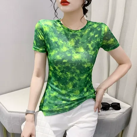 设计感印花T恤女短袖欧货时尚洋气网纱上衣修身显瘦圆领小衫夏装商品大图