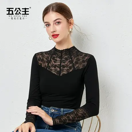 五公主半高领蕾丝打底衫秋冬新款妈妈时尚洋气小衫内搭黑色上衣薄商品大图