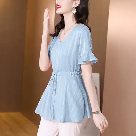 短袖雪纺衫女2023新款夏季很仙的上衣超仙小衫收腰洋气遮肚子大码商品大图