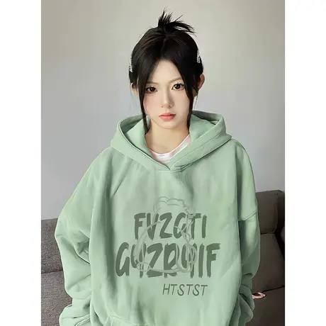 美式复古连帽卫衣女2023新款爆款秋冬oversize宽松慵懒百搭女外套图片