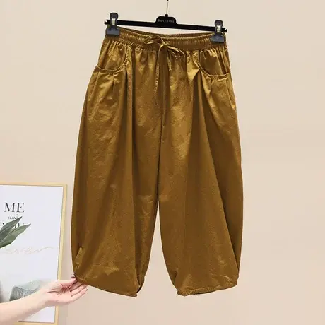 抽绳松紧腰老爹裤夏季新款文艺复古宽松百搭女七分裤休闲哈伦裤潮图片