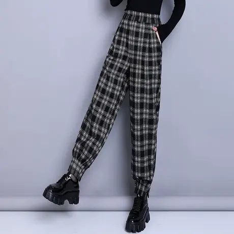 黑白格子裤女秋冬毛呢哈伦裤2023新款松紧腰宽松直筒束脚裤休闲裤图片