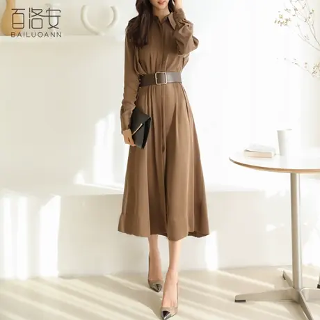 百洛安长袖翻领连衣裙女春装新款系带显瘦a字长裙时尚长款衬衫裙图片