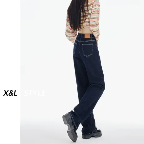 深蓝阔腿牛仔裤女秋2023年新款秋宽松百搭高腰显瘦设计感直筒裤子商品大图