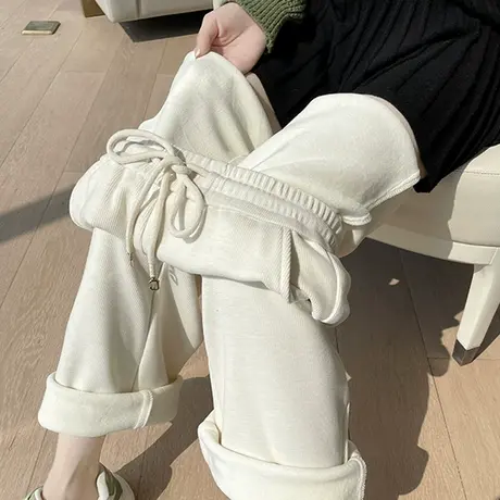 雪尼尔阔腿裤女秋冬加绒2024年新款软糯白色高腰直筒灯芯绒休闲裤图片