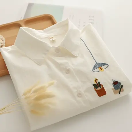 春秋新款日系文艺小清新刺绣纯棉白色长袖衬衫女学生百搭打底上衣图片