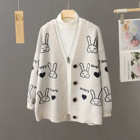 2023年秋装新款休闲V领单排扣针织开衫女长袖宽松毛衣秋冬外套潮图片