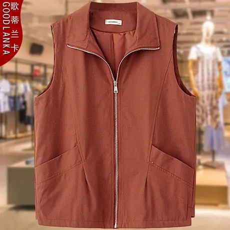 大码中年妈妈秋装外穿马夹女200斤宽松洋气纯棉拉链翻领马甲外套商品大图